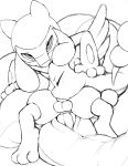  3_fingers 3_toes absurd_res anal anal_penetration anus baby_pok&eacute;mon balls black_pupils duo eyes_closed fellatio fingers genitals hand_on_head hi_res looking_at_viewer male male/male male_penetrated male_penetrating male_penetrating_male monochrome nintendo oral oral_penetration oral_while_penetrating penetration penile penile_penetration pok&eacute;mon pok&eacute;mon_(species) riolu sex simple_background toes tricksta video_games white_background 