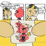  1:1 animal_crossing anthro beaver c.j._(animal_crossing) chameleon clothing comic drawing duo eisorus english_text flick_(animal_crossing) hat headgear headwear hi_res horn humor lizard male mammal nintendo red_body red_scales reptile rodent scales scalie text video_games 