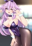 1girl adult_neptune animal_ears blush breasts bunny_ears bunnysuit cleavage dura fake_animal_ears hair_ornament highres large_breasts leotard long_hair looking_at_viewer neptune_(series) one_eye_closed open_mouth pantyhose purple_eyes purple_hair shin_jigen_game_neptune_vii smile solo wrist_cuffs 