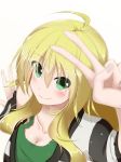  1girl ahoge arm_up bangs blonde_hair blush breasts cleavage closed_mouth eyebrows_visible_through_hair green_eyes hair_between_eyes hoshii_miki idolmaster long_hair looking_at_viewer medium_breasts not_on_shana sidelocks simple_background smile solo upper_body white_background 