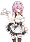  1girl :o alternate_costume apron bare_shoulders black_legwear blush breasts cleavage coffee_mug commentary_request cup enmaided eyebrows_visible_through_hair eyes_visible_through_hair fate/grand_order fate_(series) hair_over_one_eye holding holding_plate kinyoubi_no_nangong_da large_breasts lavender_hair looking_at_viewer maid maid_apron maid_dress maid_headdress mash_kyrielight mug open_mouth plate purple_eyes short_hair simple_background solo thighhighs white_background 