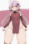  1girl absurdres ahoge ass_visible_through_thighs bangs blush bottomless breasts closed_mouth commentary_request covered_navel cowboy_shot detached_sleeves embarrassed eyebrows_visible_through_hair groin hair_ornament highres looking_down nose_blush purple_eyes purple_hair short_hair_with_long_locks siwasunohige small_breasts solo tears two-tone_background voiceroid yuzuki_yukari 