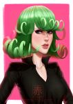  1girl absurdres akiru_cairne breasts collarbone flipped_hair green_eyes green_hair highres lips lipstick makeup medium_breasts nose one-punch_man pink_background popped_collar short_hair solo tatsumaki watermark web_address 