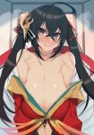  1girl ahoge armpit_crease azur_lane bangs bare_shoulders black_hair blush breasts cleavage collarbone crossed_bangs eyebrows_visible_through_hair hair_between_eyes hair_ribbon hanging_breasts head_tilt heavy_breathing huge_breasts indoors japanese_clothes kimono long_hair looking_at_viewer mask messy_hair off-shoulder_kimono osuman_toruko parted_lips red_eyes red_kimono red_ribbon ribbon shiny shiny_skin smile solo striped striped_ribbon taihou_(azur_lane) tied_hair twintails 