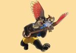  2020 absurd_res anthro avian banjo-kazooie banjo_(banjo-kazooie) banjo_(instrument) black_body black_fur black_nose cosplay dinonugget_bird duo fur hi_res humanoid_hands male mammal musical_instrument nipples plucked_string_instrument rareware simple_background spectacled_bear string_instrument tremarctine ursid video_games 