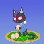  1:1 animal_crossing anthro black_body black_fur cloe_(pixiecatsupreme) clothing domestic_cat eyewear eyewear_on_head felid feline felis female food fruit fur glasses glasses_on_head grass hi_res hoodie long_tail mammal nintendo peach_(fruit) pixiecatsupreme plant solo topwear video_games 