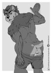  animal_genitalia anthro balaclavacat balls biceps bottomwear butt clothed clothing felid fur genitals hair hi_res lion looking_at_viewer male mammal monochrome muscular muscular_male pantherine sabertooth_(disambiguation) shorts simple_background smile solo standing teasing 
