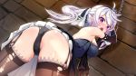  ass bondage cameltoe chain dress elbow_gloves garter_belt gloves headband long_hair panties ponytail prison_princess purple_eyes skirt_lift stockings torn_clothes underwear white_hair yam2344 zena_(prison_princess) 