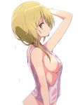  1girl arm_up blonde_hair breasts eyebrows_visible_through_hair highres ichii_yui looking_at_viewer medium_breasts mel_(melty_pot) short_hair short_twintails sideboob simple_background solo tank_top twintails wet wet_clothes white_background yellow_eyes yuyushiki 