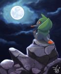  commentary_request creature fraxure full_moon gen_5_pokemon highres looking_up moegi_itsukashi moon night night_sky no_humans orange_eyes pokemon pokemon_(creature) rock signature sitting sky solo 