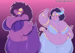  annoyed anthro armlet belly belly_dancer belly_overhang big_breasts bra breasts catty_(undertale) cleavage cloth clothed clothing deltarune dinosaur domestic_cat duo felid feline felis female female/female fur genitals mammal navel nekocrispy no_underwear overweight overweight_female purple_body purple_fur pussy reptile scalie spanking susie_(deltarune) thick_thighs translucent translucent_clothing undertale underwear video_games wide_hips yellow_eyes 
