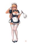  1girl alma_armas alternate_costume apron black_footwear blonde_hair breasts brown_eyes cleavage cleavage_cutout commentary_request dress duster enmaided finalcake full_body garter_straps glasses gloves highres lace lace-trimmed_legwear large_breasts long_hair maid maid_headdress over-rim_eyewear pigeon-toed puffy_short_sleeves puffy_sleeves pumps red-framed_eyewear semi-rimless_eyewear sheer_legwear short_dress short_sleeves solo standing thighhighs va-11_hall-a waist_apron white_background white_gloves white_legwear zettai_ryouiki 