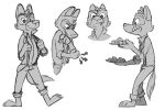  3:2 anthro biped canid canine canis clothed clothing fingers holding_object looking_at_viewer male mammal miikesobi monochrome paws solo suspenders tongue tongue_out wolf 