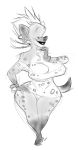  2020 anthro big_breasts black_lips bracelet breasts cleavage clothed clothing curvy_figure ear_piercing female greyscale hair hand_on_hip hi_res hyaenid jewelry lips mammal monochrome nipple_outline piercing simple_background slb smile solo voluptuous white_background wide_hips 