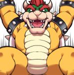  anthro armband bowser collar eyebrows hair horn koopa looking_at_viewer male mario_bros nintendo open_mouth red_eyes red_hair scalie sharp_teeth shell simple_background solo speed_lines spiked_armband spiked_collar spiked_shell spikes teba_motoko teeth video_games white_background yellow_body 