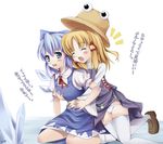  ^_^ blonde_hair blue_hair blush breast_grab breasts cirno closed_eyes glomp grabbing hat hug looking_back moriya_suwako multiple_girls open_mouth panties ribbon small_breasts thighhighs third-party_edit tomusooya touhou translated underwear wings 