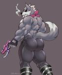  2020 anthro blaster butt canid canine cigarette clothed clothing fur grey_body grey_fur male mammal nintendo raikarou rear_view star_fox topless video_games wolf_o&#039;donnell 