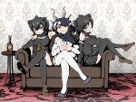  3girls absurdres alcohol animal_ears annoyed antelope_ears antelope_horns apron arm_support armpits australian_devil_(kemono_friends) bangs bare_shoulders batten_japari_dan black_apron black_cape black_hair black_legwear blackbuck_(kemono_friends) bottle bow bowtie brown_eyes cape couch crossed_legs cup detached_sleeves drink drinking_glass eyepatch full_body furrowed_eyebrows gloves grey_eyes grey_hair grin hair_between_eyes highres horns indoors kemono_friends kemono_friends_3 leaning_back long_hair looking_at_viewer medical_eyepatch medium_hair miniskirt multicolored_hair multiple_girls on_couch open_mouth own_hands_together pantyhose shimosami shirt shoes sitting skirt sleeveless sleeveless_shirt smile swept_bangs tasmanian_devil_(kemono_friends) tasmanian_devil_ears thighhighs two-tone_hair v-shaped_eyebrows waist_apron white_hair white_legwear zettai_ryouiki 