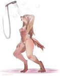  2020 black_nose breasts brown_body brown_fur brown_hair canid canine digitigrade eyes_closed fur genitals hair mammal navel nipples nude open_mouth pussy shower shower_head simple_background snout standing strawberrytfs were werecanid werecanine werewolf wet white_background 