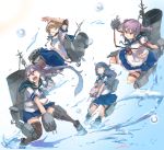  4girls adapted_turret ahoge akebono_(kantai_collection) akicosmossakasa apron badge bandaid bandaid_on_face bell black_hair black_legwear blue_sailor_collar blue_skirt brown_eyes brown_hair cannon crab elbow_pads flower frilled_apron frilled_skirt frills hair_bell hair_bobbles hair_flower hair_ornament highres jingle_bell kantai_collection knee_pads kneehighs long_hair machinery multiple_girls oboro_(kantai_collection) pleated_skirt puffy_short_sleeves puffy_sleeves purple_eyes purple_hair remodel_(kantai_collection) sailor_collar sazanami_(kantai_collection) school_uniform serafuku short_hair short_sleeves side_ponytail skirt smokestack thighhighs torpedo_launcher turret twintails ushio_(kantai_collection) very_long_hair waist_apron white_apron white_legwear wrist_cuffs 