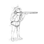  1:1 aiming anthro antlers biped black_and_white bottomwear cervid clothed clothing deer_prince footwear fur gun headgear headwear hi_res hladilnik holding_gun holding_object holding_weapon horn male mammal medieval monochrome ranged_weapon shoes simple_background sketch solo standing topwear weapon white_background 