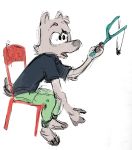  anthro biped canid canine canis chair clothed clothing domestic_dog fingers furniture hi_res holding_object male mammal miikesobi open_mouth ranged_weapon simple_background sitting slingshot solo weapon 
