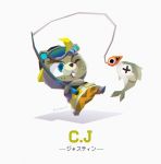  animal_crossing anthro beaver blonde_hair buckteeth c.j._(animal_crossing) chibi clothing eyewear fish fishing_rod freckles hair hat headgear headwear kiha_ki male mammal marine nintendo rodent solo sunglasses teeth video_games 