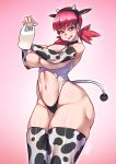  1girl :q akane_(pokemon) animal_ears animal_print bottle breasts cow_print curvy detached_sleeves fake_animal_ears highres huge_breasts milk milk_bottle multicolored multicolored_clothes multicolored_legwear navel pink_eyes pink_hair pokemon pokemon_(game) ryuusei_(mark_ii) thick_thighs thighhighs thighs tongue tongue_out twintails 