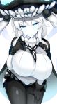  1girl :o absurdres aqua_eyes black_gloves bodysuit breasts cape gloves glowing glowing_eyes hat headgear highres jakko kantai_collection large_breasts long_hair looking_at_viewer pale_skin shinkaisei-kan teeth tentacles white_skin wo-class_aircraft_carrier 