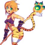  1girl :d animal_ears ass breasts breath_of_fire breath_of_fire_ii cleavage eyebrows_visible_through_hair gloves green_eyes hand_on_hip holding holding_staff looking_at_viewer metata open_mouth orange_hair purple_gloves rinpoo_chuan short_hair simple_background small_breasts smile solo staff tail teeth tiger_ears tiger_stripes tiger_tail upper_teeth white_background 