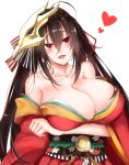  1girl azur_lane bare_shoulders black_hair blush breasts cleavage eyebrows_visible_through_hair graphite_(medium) hair_between_eyes hair_ornament heart huge_breasts japanese_clothes kimono kuzya long_hair long_sleeves looking_at_viewer mask mask_on_head mechanical_pencil off-shoulder_kimono open_mouth pencil red_eyes red_kimono smile solo taihou_(azur_lane) tongue traditional_media very_long_hair white_background wide_sleeves 