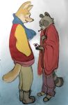  &lt;3 anthro biped blush canid canine canis clothed clothing domestic_dog duo fur hi_res holding_object ill male mammal miikesobi multicolored_body multicolored_fur procyonid raccoon simple_background two_tone_body two_tone_fur two_tone_tail yellow_body yellow_fur yellow_tail 
