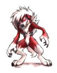  ambiguous_gender anthro black_claws black_nose canid canine claws fangs fingers fur glowing glowing_eyes hair hi_res kenket lycanroc mammal midnight_lycanroc nintendo pok&eacute;mon pok&eacute;mon_(species) red_body red_fur red_sclera standing teeth toe_claws tuft video_games were werecanid whiskers white_body white_hair 