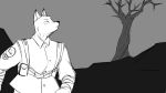  16:9 anthro autumn_sushi canid canine canis hi_res male mammal monochrome soldier soldier_uniform solo text_on_clothing warrior widescreen wolf 