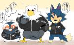  accipitrid accipitriform animal_crossing anthro apollo_(animal_crossing) avian bald_eagle bird bottomless canid canine canis clothed clothing dumbbell eagle group hyaku_(artist) japanese_text male mammal nintendo penguin sea_eagle tex_(animal_crossing) text video_games weights wolf wolfgang_(animal_crossing) 