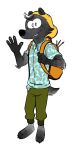  3_toes 4_fingers anthro backpack badger biped brush claws clothed clothing fingers furgonomics gesture hi_res looking_at_viewer male mammal miikesobi mustelid musteline paws pencil_(object) simple_background solo standing toe_claws toes waving 