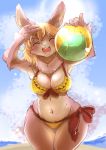  4_fingers :d anthro arm_tuft ball beach beach_ball big_breasts bikini blonde_hair blush breasts cheek_tuft cleavage clothed clothing cloud curvy_figure day detailed_background elbow_tufts eyes_closed facial_tuft female fingers fluffy fur hair hourglass_figure inner_ear_fluff kemono lagomorph leporid long_ears looking_at_viewer mammal midriff monotone_hair multicolored_body multicolored_fur navel neck_tuft open_mouth open_smile pink_body pink_fur rabbit seaside setouchi_kurage skimpy sky small_waist smile solo standing swimwear tan_body tan_fur tuft two_tone_body two_tone_fur water wide_hips wrist_tuft 
