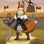  1:1 anthro arm_tuft armello bandit_(disambiguation) belt canid canine cheek_tuft clothing dipstick_tail dress elbow_tufts facial_tuft female flags fox fur furryrex_(artist) hi_res jewelry mammal melee_weapon multicolored_tail neck_tuft necklace orange_body orange_fur scarlet_(armello) settlement solo sword tuft video_games weapon 
