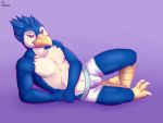  4:3 absurd_res anthro avian beak bird blue_body blue_feathers bulge clothed clothing collarbone feather_tuft feathers geecupcake head_tuft hi_res lying male on_side purple_background red_eyes scutes simple_background solo talons topless tuft underwear white_clothing white_underwear 