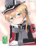  1girl ahenn aqua_eyes blonde_hair blush breasts drunk eyebrows_visible_through_hair gloves hair_between_eyes hand_on_own_cheek hat kantai_collection long_hair long_sleeves low_twintails medium_breasts military military_uniform peaked_cap prinz_eugen_(kantai_collection) smile solo twintails twitter_username uniform white_gloves 