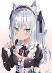  1girl animal_ears artist_name bangs black_ribbon blue_eyes blush breasts cat_ears cleavage commentary_request eyebrows_visible_through_hair frown grey_hair hair_ribbon highres large_breasts long_hair long_sleeves looking_at_viewer maid original ribbon signature sinobi_illust solo 