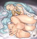  1girl ahoge aldehyde aqua_hair ass bangs bare_legs bare_shoulders barefoot blue_eyes blush bracer breasts bridal_gauntlets dress feet forehead granblue_fantasy highres long_hair looking_at_viewer lying lyria_(granblue_fantasy) on_side panties parted_bangs small_breasts soles solo toes underwear very_long_hair white_dress white_panties 