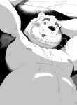 2020 anthro beard belly blush bodily_fluids facial_hair greyscale hi_res kemono male mammal monochrome moobs nipples overweight overweight_male shintatokoro solo sweat tongue tongue_out ursid 