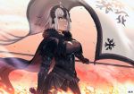  1girl 9nojo ahoge armor armored_dress bangs black_cape blush breasts cape cleavage commentary_request fate/grand_order fate_(series) fire flag from_side fur-trimmed_cape fur_collar fur_trim headpiece holding holding_flag jeanne_d&#039;arc_(alter)_(fate) jeanne_d&#039;arc_(fate)_(all) large_breasts looking_at_viewer red_cape short_hair silver_hair smile solo yellow_eyes 