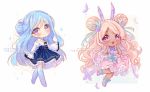  2girls :d animal blonde_hair blue_eyes blue_hair blue_legwear blue_skirt blush bug butterfly butterfly_hair_ornament chibi commentary commission dark_skin double_bun english_commentary flower frilled_legwear frilled_skirt frills hair_bun hair_flower hair_ornament hands_on_own_face hands_up high-waist_skirt hyanna-natsu insect juliet_sleeves long_hair long_sleeves multiple_girls open_mouth original parted_lips pink_skirt puffy_short_sleeves puffy_sleeves purple_eyes purple_flower purple_footwear purple_rose rose shirt shoes short_sleeves skirt sleeves_past_wrists smile socks sparkle standing standing_on_one_leg striped thighhighs vertical-striped_skirt vertical_stripes very_long_hair watermark white_background white_shirt wide_sleeves 
