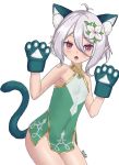  1girl :o animal_ear_fluff animal_ears arisku bangs bare_shoulders blush breasts cat_ears cat_girl cat_tail collarbone commentary_request dress eyebrows_visible_through_hair flower gloves green_gloves grey_hair hair_between_eyes hair_flower hair_ornament highres kokkoro_(princess_connect!) looking_at_viewer open_mouth paw_gloves paws pink_eyes pointy_ears princess_connect! princess_connect!_re:dive short_hair simple_background sleeveless sleeveless_dress small_breasts solo tail v-shaped_eyebrows white_background white_dress white_flower 