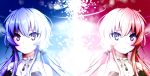  2girls artist_name beyblade beyblade:_burst blue_hair chankyone character_name covering covering_breasts highres looking_at_viewer multiple_girls nishiro_nya open_eyes open_mouth pink_hair powering_up profile purple_eyes serious shiny shiny_hair short_twintails sky twintails 