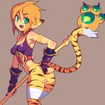  1girl :d animal_ears ass breasts breath_of_fire breath_of_fire_ii brown_background cleavage commentary_request eyebrows_visible_through_hair gloves green_eyes hand_on_hip holding holding_staff looking_at_viewer metata open_mouth orange_hair purple_gloves rinpoo_chuan short_hair simple_background small_breasts smile solo staff tail teeth tiger_ears tiger_stripes tiger_tail upper_teeth 