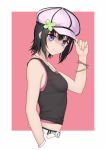  1girl adjusting_clothes adjusting_hat anarchojs bare_shoulders belt black_hair black_tank_top blush boku_wa_tomodachi_ga_sukunai breasts casual clover commentary_request from_side hair_between_eyes hand_up hat highres jewelry medium_hair midriff mikazuki_yozora necklace pink_camisole pink_headwear purple_camisole purple_eyes small_breasts smile solo tank_top upper_body white_belt 