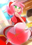  accessory amy_rose anthro big_butt breasts butt clothing dress eulipotyphlan female fur gloves green_eyes hammer handwear headband hedgehog light looking_at_viewer mammal pink_body pink_fur presenting presenting_hindquarters public sega smile solo sonic_the_hedgehog_(series) sunlight tools video_games weapon zaviel 